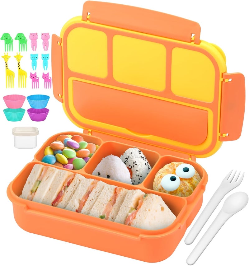 QQKO Bento Box for Kids Adults, School Toddler Lunch Box for Boys Girls, Lunch Box Containers with 4 Compartments, Sauce Container, Utensils, Food Picks and Muffin Cups for School, Orange Yellow - Image 1